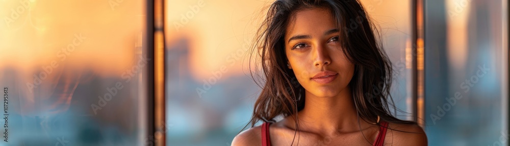 Contemplative woman in sunset glow indoors. Contemplative woman in sunset glow indoors.