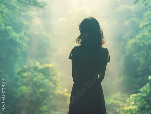 Contemplative woman in serene forest setting photo