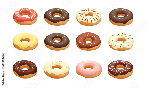 Set with delicious glazed donuts isolated on white background, generated ai 