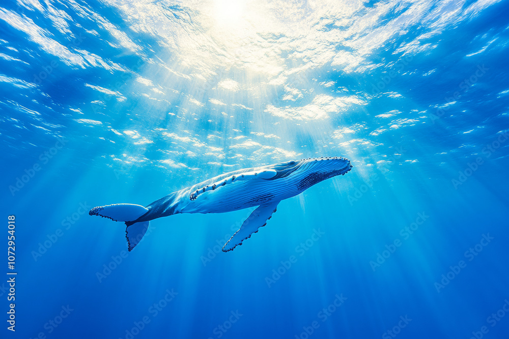 Fototapeta premium A realistic photograph of a blue sky with sun rays, a humpback whale swimming in the distance, shot from below, in a cinematic style. 