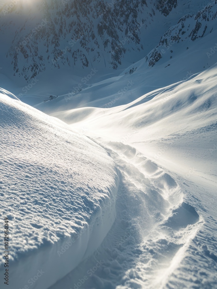 Obraz premium Serene Winter Landscape Featuring Freshly Fallen Snow and Beautiful Mountain Scenery in a Remote Alpine Wilderness Setting
