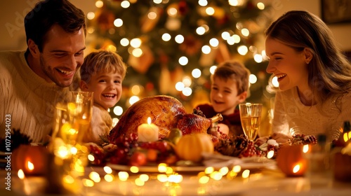 Happy Family Celebrating Thanksgiving Dinner Together.
