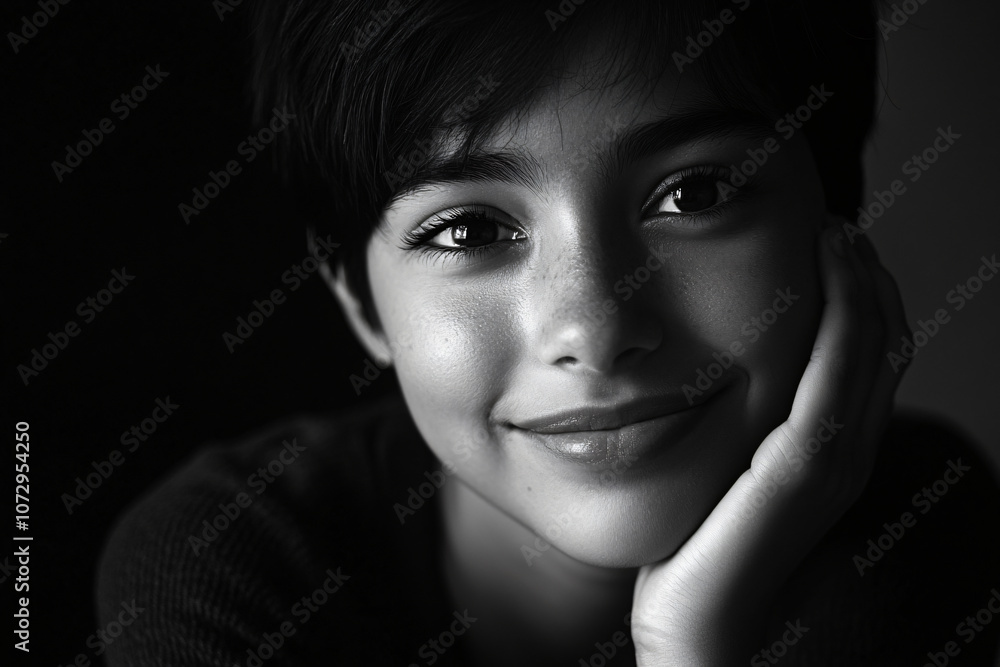Close-up black white portraits young Hispanic girls resting hands cheeks,highlighting serene expressions,clear facial features,artistic lighting emotional visual impact,wall,art,photo,human,kid,child Close-up black white portraits young Hispanic girls resting hands cheeks,highlighting serene expressions,clear facial features,artistic lighting emotional visual impact,wall,art,photo,human,kid,child