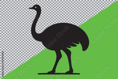 A black silhouette of an ostrich standing in profile