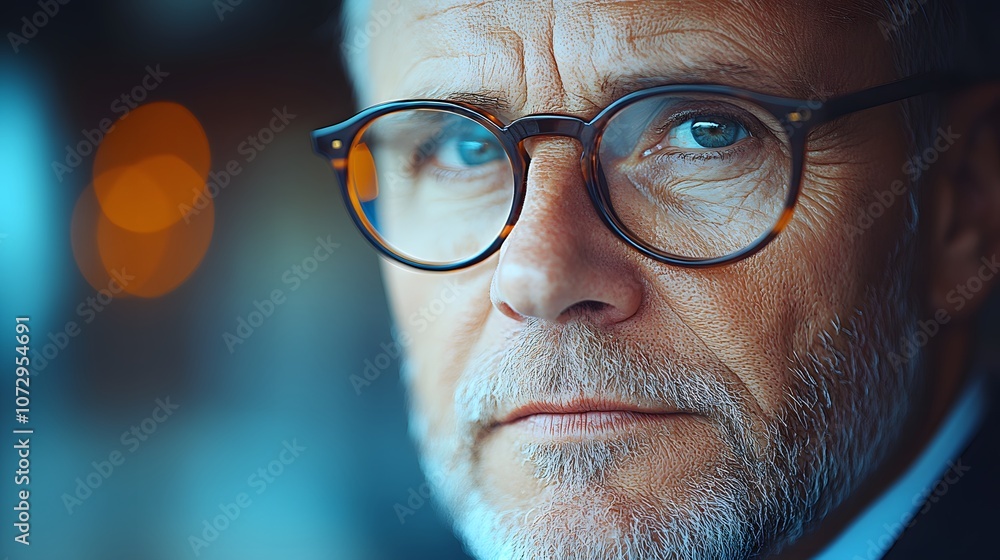 Middle-aged CEO working on a laptop in a sleek office workspace, focused expression, modern business setting