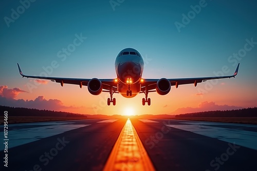 Airplane landing during vibrant sunset with dramatic sky on airport runway photo