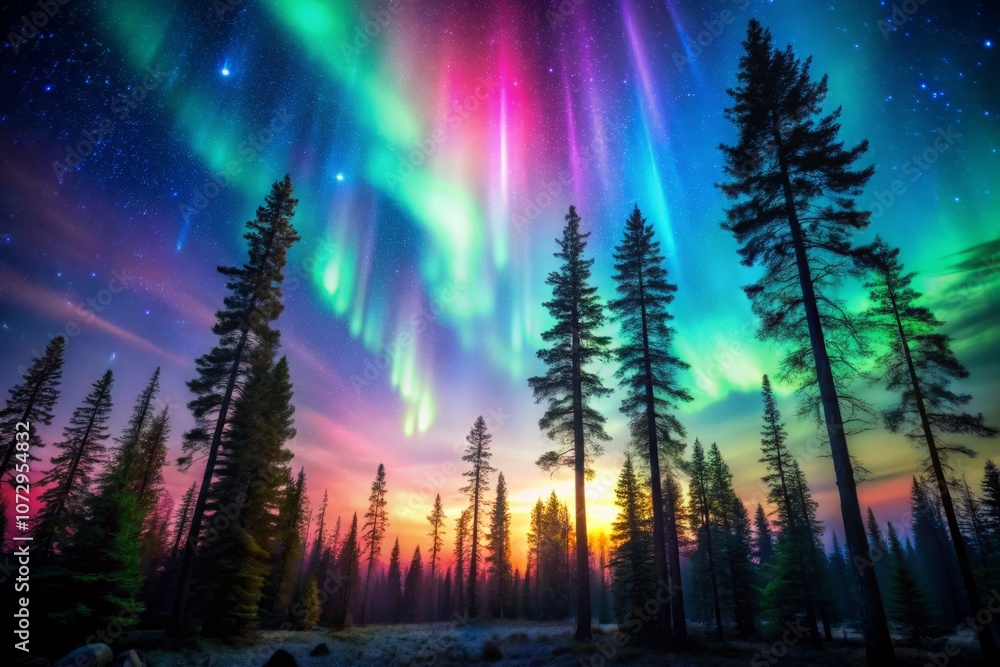 A Breathtaking Double Exposure of the Northern Lights Illuminating Pine Forests in a Starry Night Sky Captivating Nature's Beauty and Wilderness in a Stunning Visual Composition A Breathtaking Double Exposure of the Northern Lights Illuminating Pine Forests in a Starry Night Sky Captivating Nature's Beauty and Wilderness in a Stunning Visual Composition