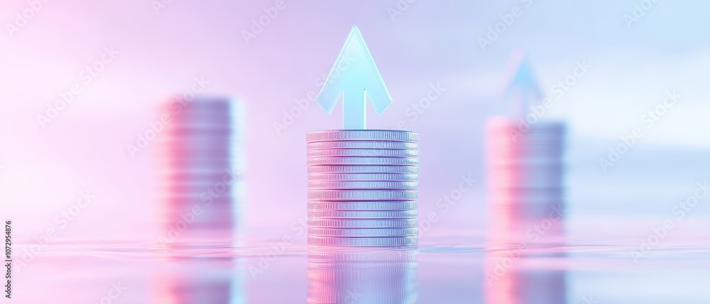 A stack of coins is on top of a pile of coins with a single coin sticking up A stack of coins is on top of a pile of coins with a single coin sticking up