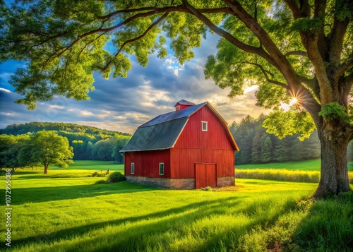 A Classic Red Barn Nestled in a Lush Green Field, Surrounded by Towering Trees, Capturing the Essence of Rural Charm and Tranquility in a Picturesque Landscape