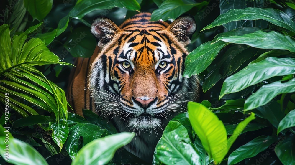 Fototapeta premium Majestic Tiger Staring Intently Through Lush Green Leaves in Dense Jungle Environment, Highlighting the Beauty of Nature and Wildlife Conservation Efforts
