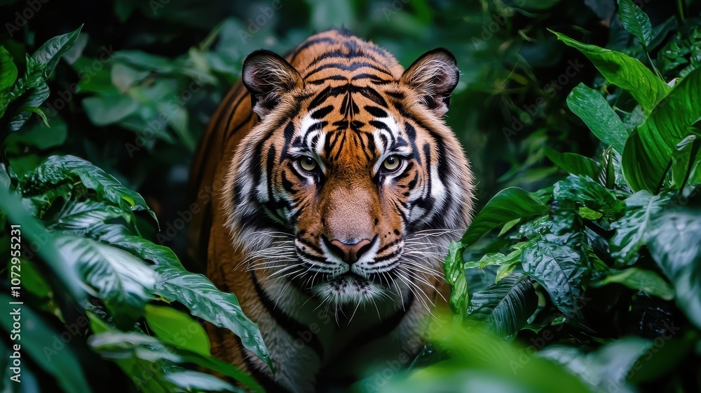 Majestic Tiger Stalking Through Lush Tropical Jungle Surrounded by Verdant Green Leaves and Play of Light Creating a Wild and Mysterious Atmosphere