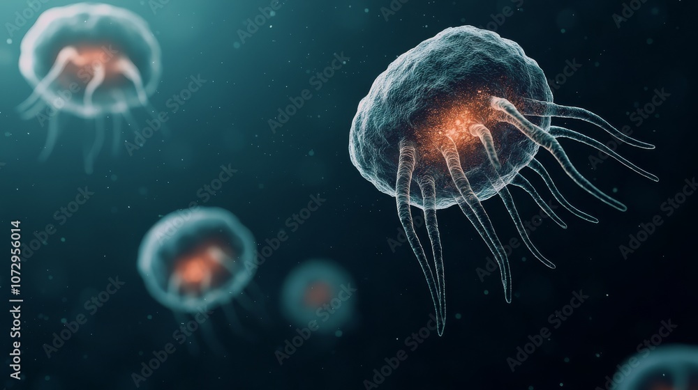 A close-up image of jellyfish glowing in a dark ocean, showcasing their delicate tentacles and ethereal beauty. A close-up image of jellyfish glowing in a dark ocean, showcasing their delicate tentacles and ethereal beauty.