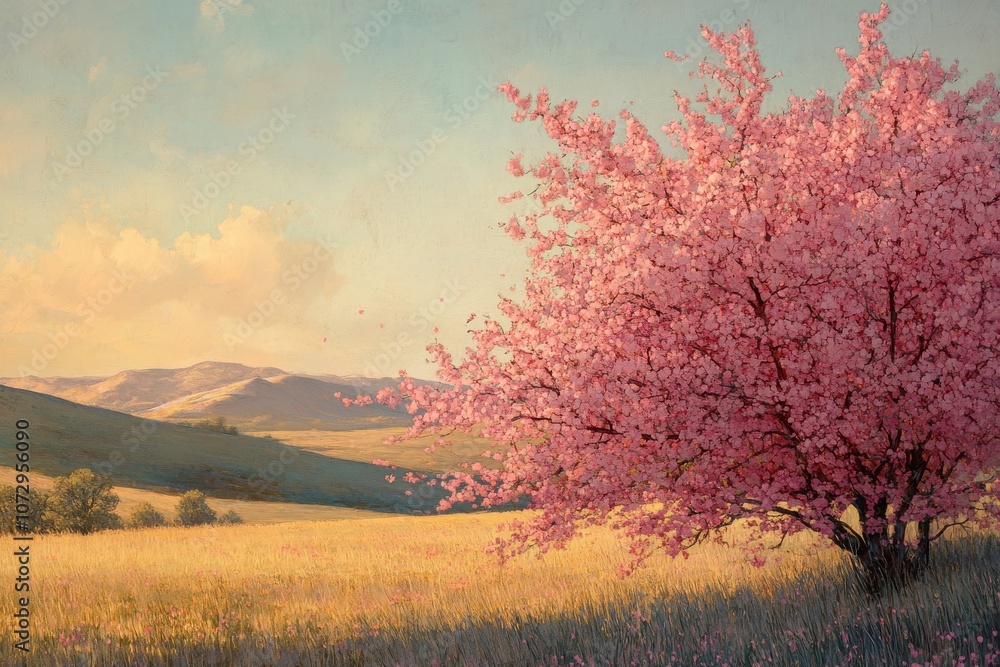 Spring Orchard with Soft Pastel Lighting and Hills Spring Orchard with Soft Pastel Lighting and Hills