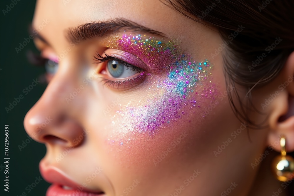 Captivating makeup art with colorful glitter on young woman's face in close-up view Captivating makeup art with colorful glitter on young woman's face in close-up view