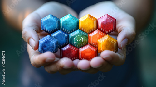 Wallpaper Mural Digital hand organizing a pyramid of hex blocks with icons for various subjects and e-learning platforms, virtual education concept Torontodigital.ca