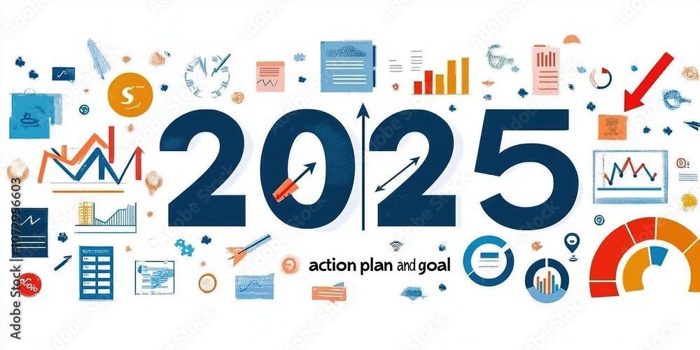 Fototapeta premium 2025 Action Plan and Goal: A Visual Guide to Business Growth with Target Progress Levels, Icons, and Strategic Arrows