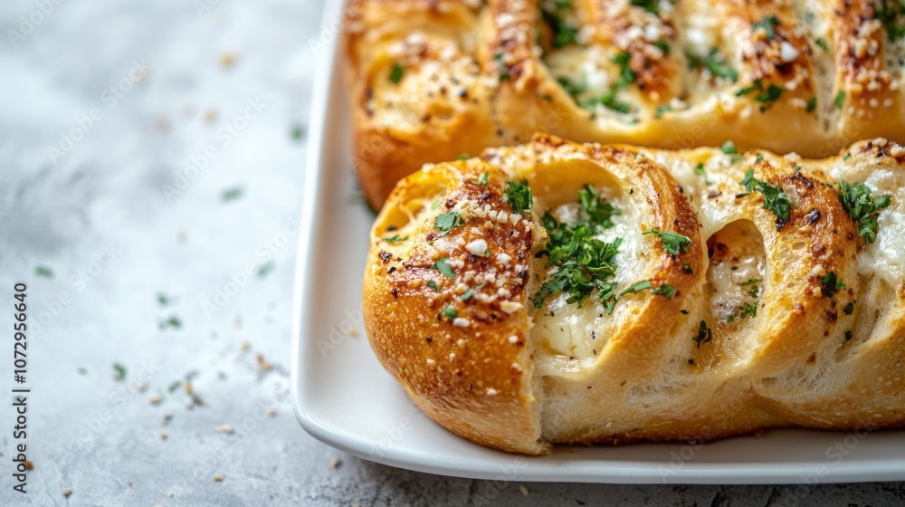 Korean Cream Cheese Garlic Bread on white plate, copy space Korean Cream Cheese Garlic Bread on white plate, copy space