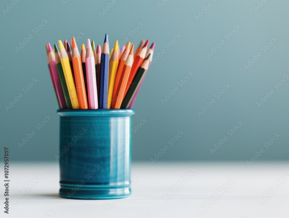 Colorful pencils in a blue container on table. Colorful pencils in a blue container on table.