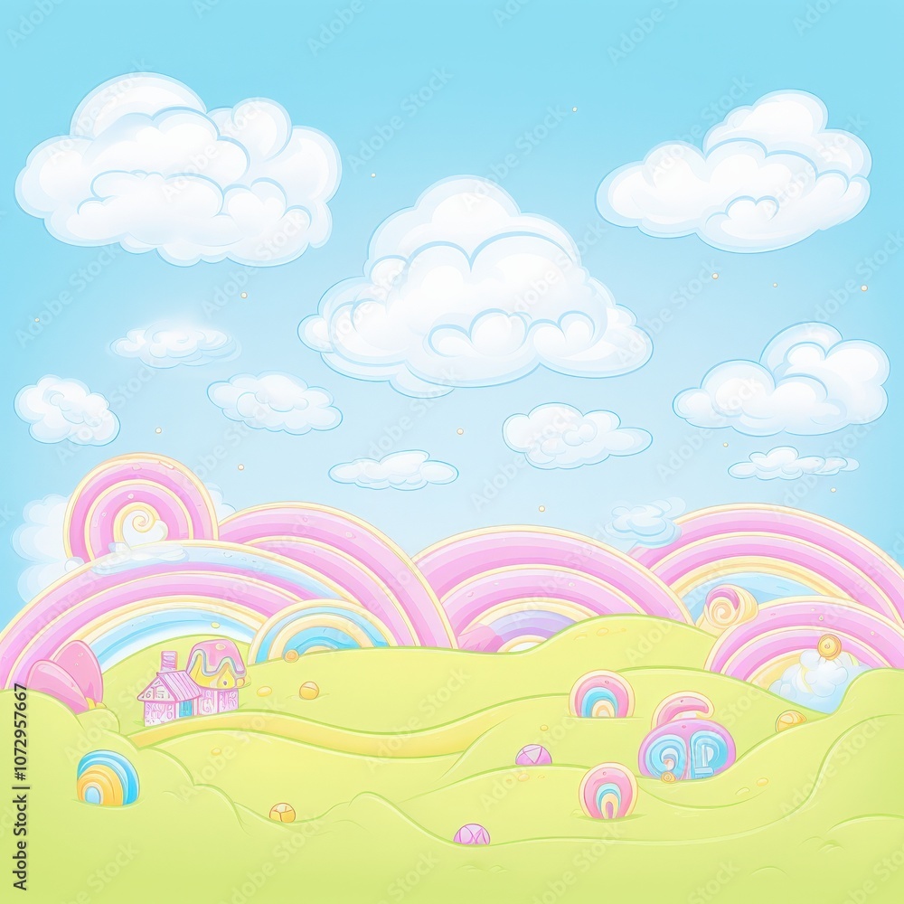 Fototapeta premium Colorful landscape with rainbows and clouds.