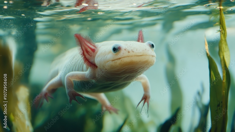 Obraz premium An albino axolotl with feathery gills and large, dark eyes swims in a tank with green aquatic plants.