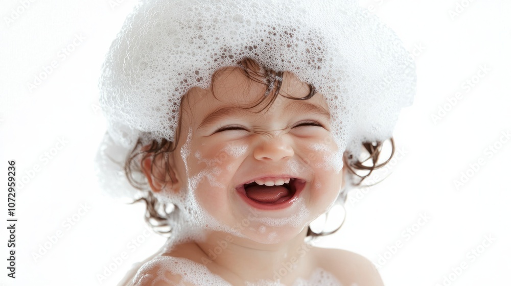 Cute baby in bath with bubbles on head, laughing, isolated on white Cute baby in bath with bubbles on head, laughing, isolated on white