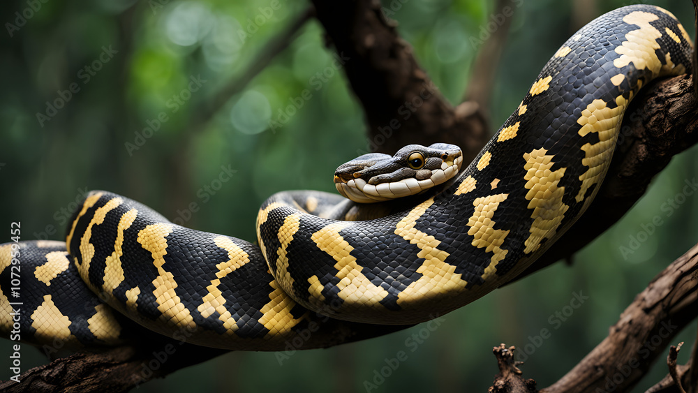 Python coiled on a forest tree branch, Ai Generated Python coiled on a forest tree branch, Ai Generated