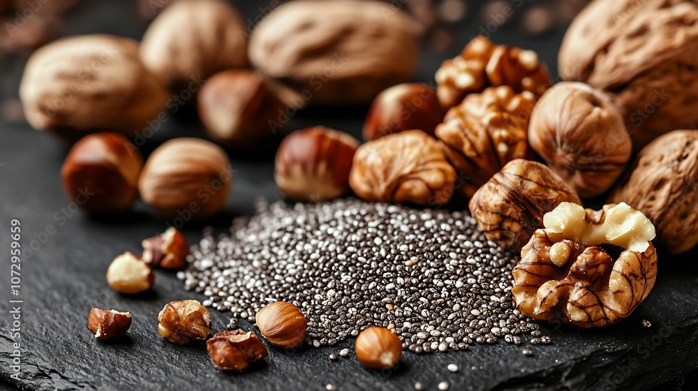 Scattered Chia Seeds,Walnuts,and Hazelnuts on a Dark Slate Background Scattered Chia Seeds,Walnuts,and Hazelnuts on a Dark Slate Background