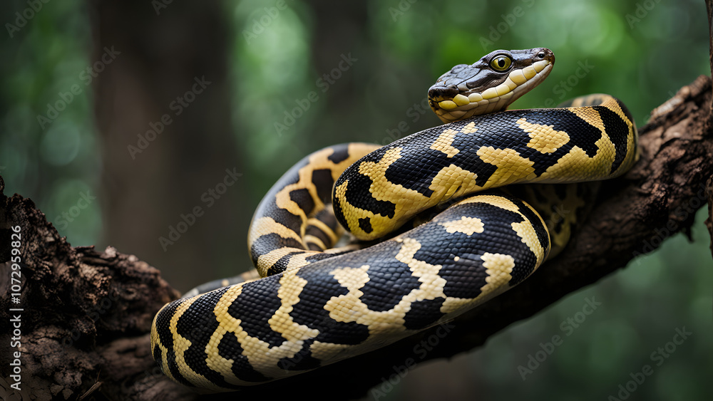 Fototapeta premium Python coiled on a forest tree branch, Ai Generated