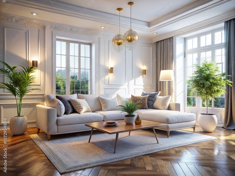 White Living Room Sofa Mockup, 3D Rendering, Food Photography Style White Living Room Sofa Mockup, 3D Rendering, Food Photography Style