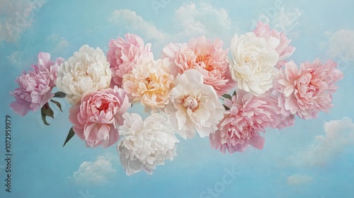 Wallpaper Mural Floating pastel peonies with wispy clouds, set against a tranquil light blue background, forming a serene floral scene. Torontodigital.ca