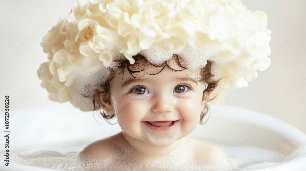 Happy baby with foam hat, smiling in bathtub, isolated on white background Happy baby with foam hat, smiling in bathtub, isolated on white background