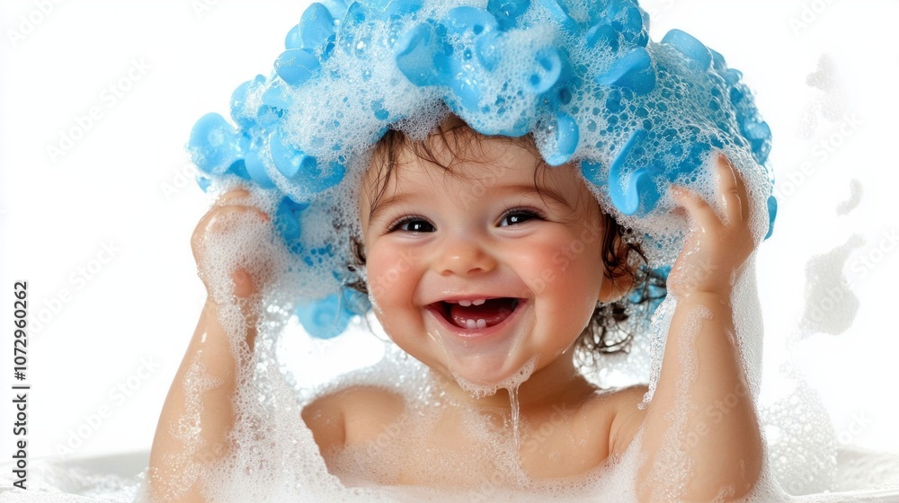 Happy baby with foam hat, smiling in bathtub, isolated on white background Happy baby with foam hat, smiling in bathtub, isolated on white background