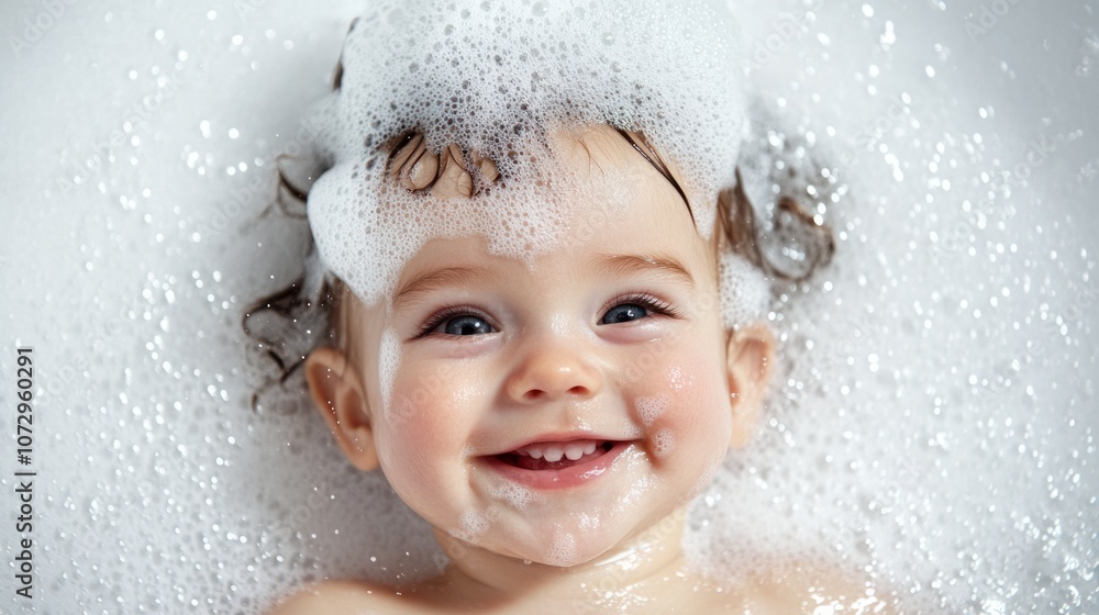 Happy baby with foam on head and cheeks, splashing in bathtub, white background