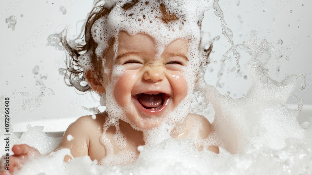 Laughing baby covered in foam, playing in tub, isolated on white background Laughing baby covered in foam, playing in tub, isolated on white background