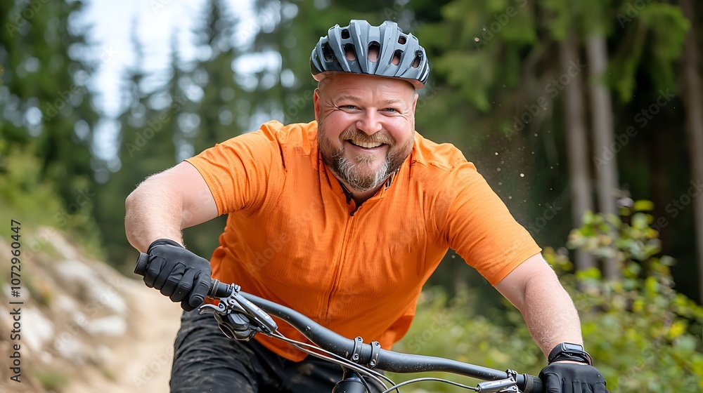 Enthusiastic cyclist joyfully navigates through scenic mountain trails on a sunny day Enthusiastic cyclist joyfully navigates through scenic mountain trails on a sunny day
