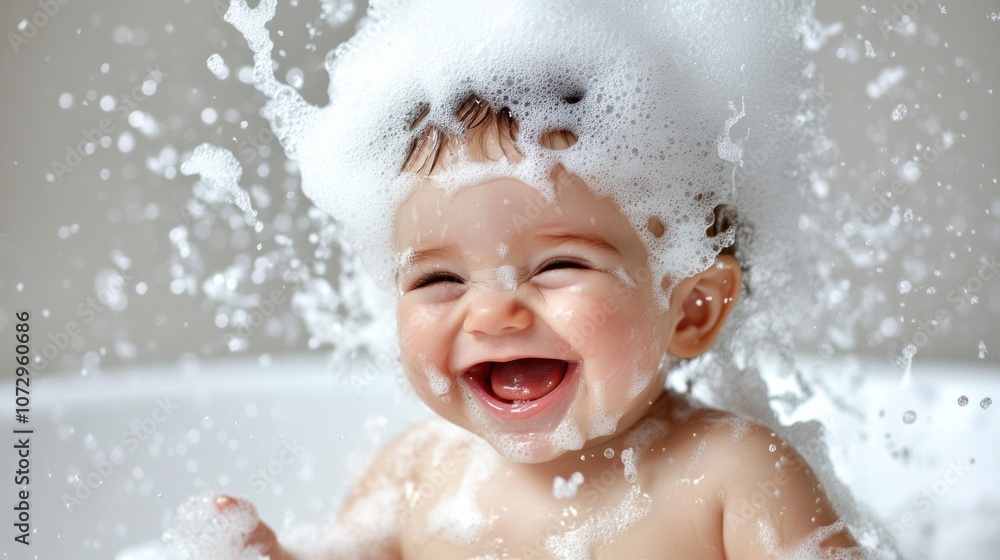 Laughing baby with foam on head and cheeks, splashing in bathtub, white background Laughing baby with foam on head and cheeks, splashing in bathtub, white background