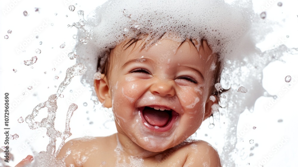 Laughing baby with foam on head and cheeks, splashing in bathtub, white background Laughing baby with foam on head and cheeks, splashing in bathtub, white background
