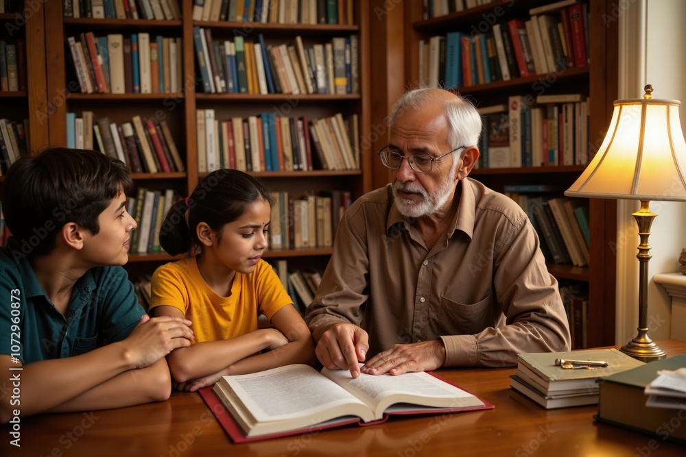 Grandfather teaching grandchildren in cozy library setting Grandfather teaching grandchildren in cozy library setting