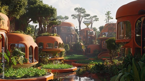 Futuristic dome-shaped homes in a lush, verdant tropical forest. photo