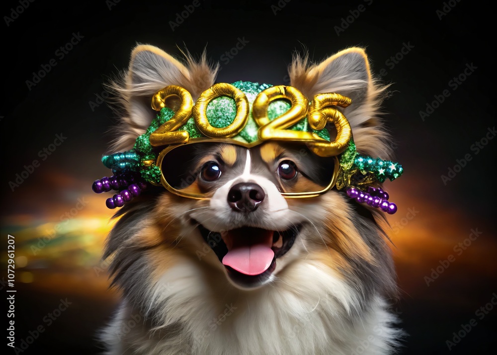 Adorable Puppy Celebrating New Year's Eve with 2025 Glasses Costume Isolated on a Black Background for Festive Stock Photography Adorable Puppy Celebrating New Year's Eve with 2025 Glasses Costume Isolated on a Black Background for Festive Stock Photography