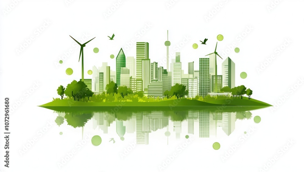 Green Cityscape with Wind Turbines and Reflections Green Cityscape with Wind Turbines and Reflections