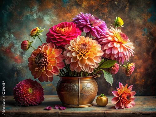 Wallpaper Mural Aerial Still Life Photography of Vibrant Dahlias in a Textured Copper Vase, Showcasing Artistic Composition and Color Harmony with Natural Elements and Creative Lighting Torontodigital.ca