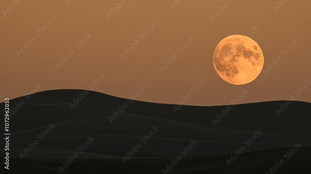 A large, full, orange moon rising over a dark, rolling desert landscape. A large, full, orange moon rising over a dark, rolling desert landscape.