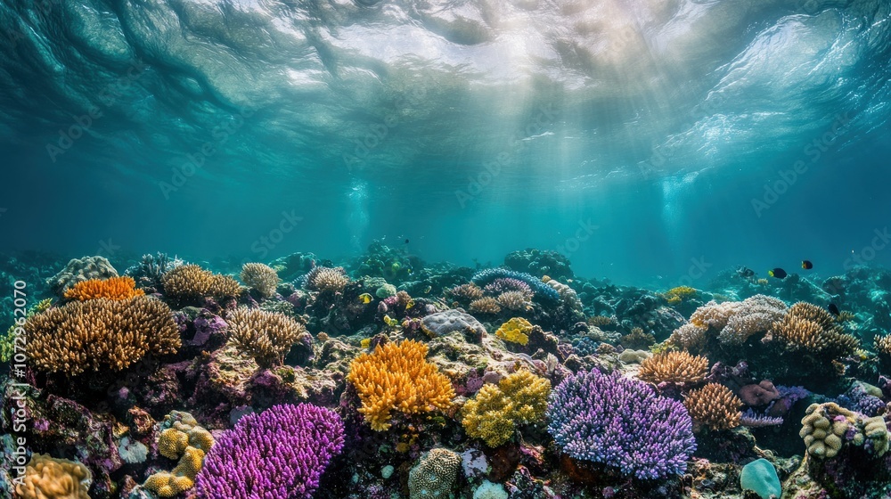Naklejka premium Underwater view of vibrant coral reef with colorful fish and sunbeams shining through the water.