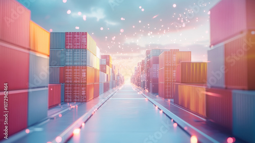 A futuristic scene of colorful shipping containers leading towards a bright horizon, depicting a modern logistics environment.