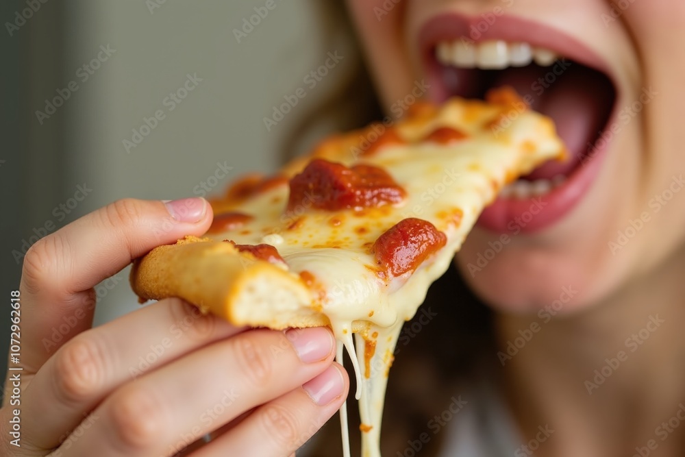 Close-up of person enjoying cheesy pepperoni pizza slice with gooey melted cheese Close-up of person enjoying cheesy pepperoni pizza slice with gooey melted cheese