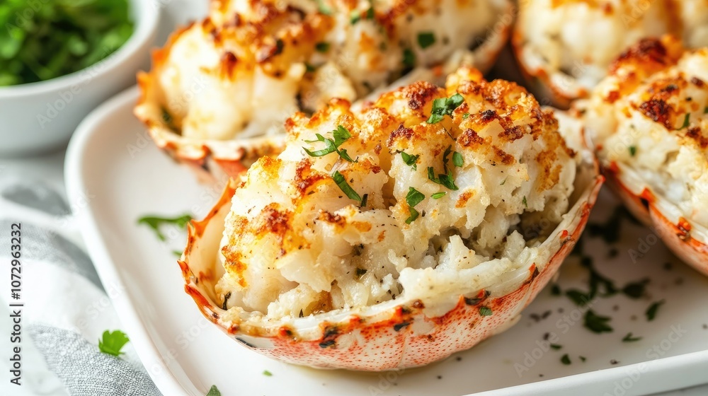 Stuffed blue crab, close-up on a white plate. Focus on textures, colors, and savory details. Clean, elegant look. Stuffed blue crab, close-up on a white plate. Focus on textures, colors, and savory details. Clean, elegant look.