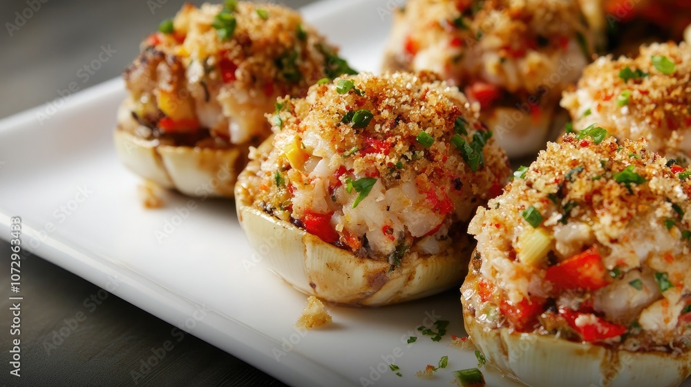 Stuffed blue crabs on white plate, close-up view. Shell details and vibrant stuffing ingredients, arranged elegantly. Stuffed blue crabs on white plate, close-up view. Shell details and vibrant stuffing ingredients, arranged elegantly.