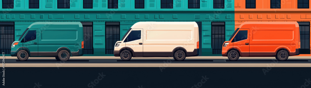 Naklejka premium A vibrant illustration of three delivery vans in varied colors parked along a stylized urban backdrop.