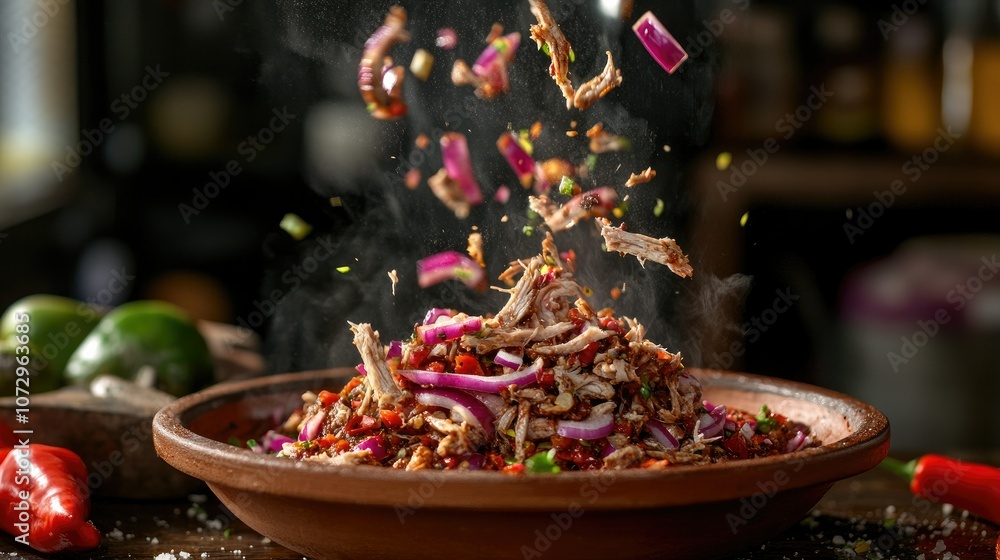 Tacos de Cochinita Pibil with red onions and habanero, falling towards traditional Mexican clay dish. Suspended in air for lively presentation. Tacos de Cochinita Pibil with red onions and habanero, falling towards traditional Mexican clay dish. Suspended in air for lively presentation.
